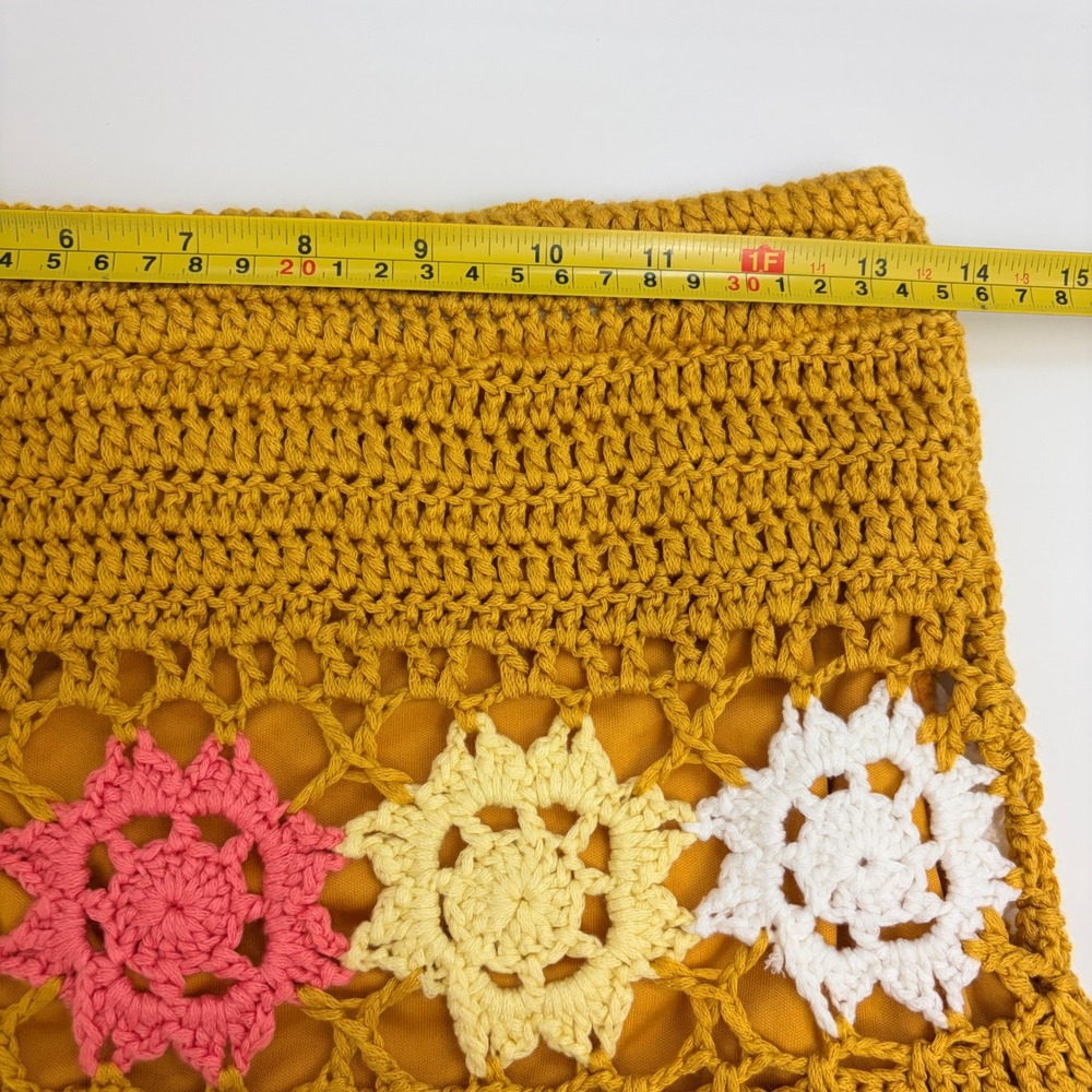 Mora Mustard Yellow Crochet Floral Medallion Fringe Mini Skirt One Size Boho - Picture 3 of 8